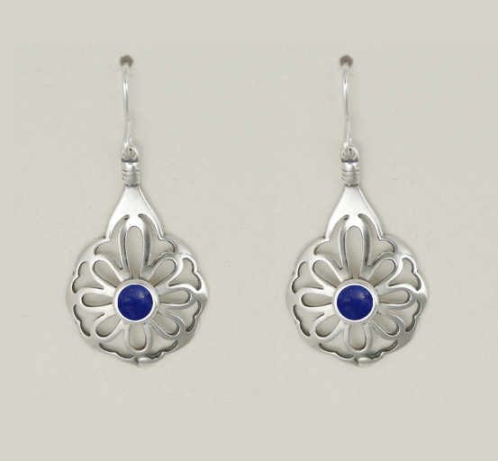 Sterling Silver Drop Dangle Flower Earrings With Lapis Lazuli